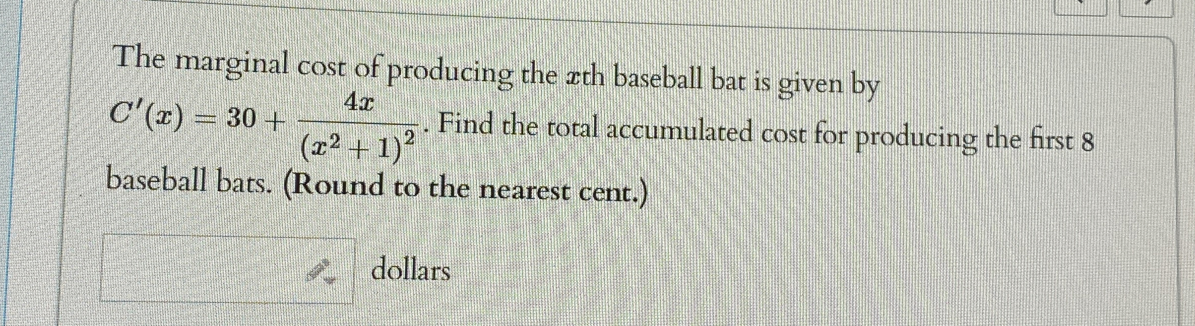 The marginal cost of producing the x th baseball