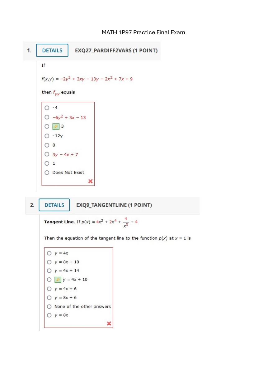 MATH 1 P 9 7 Practice Final Exam EXQ 2 7 _