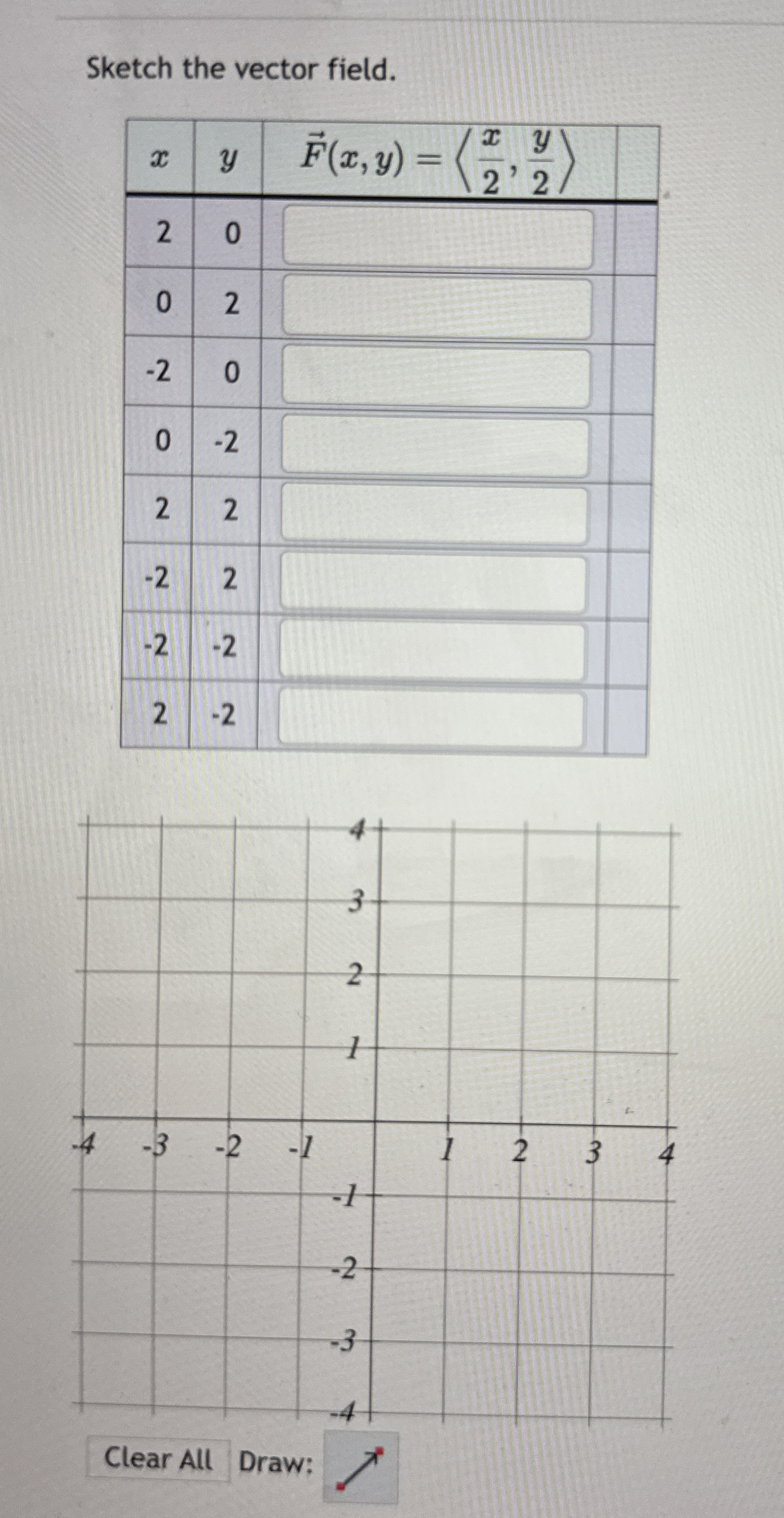 Sketch the vector field. \ table [ [ x , y , vec