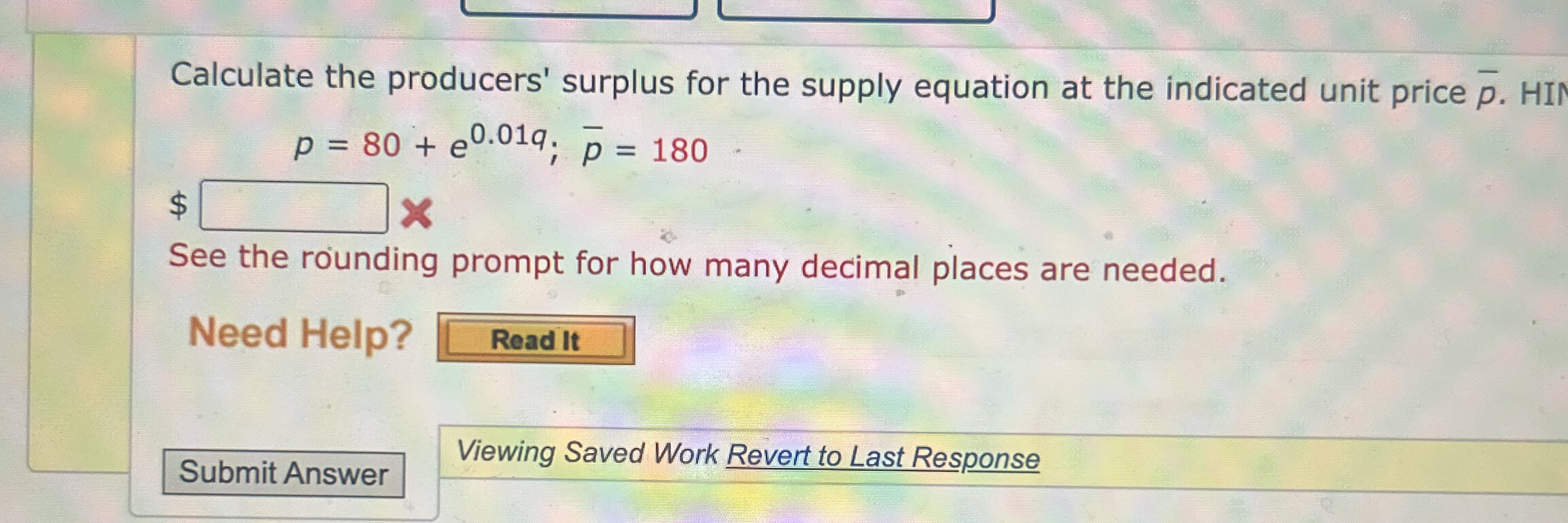 Calculate the producers' surplus for the supply