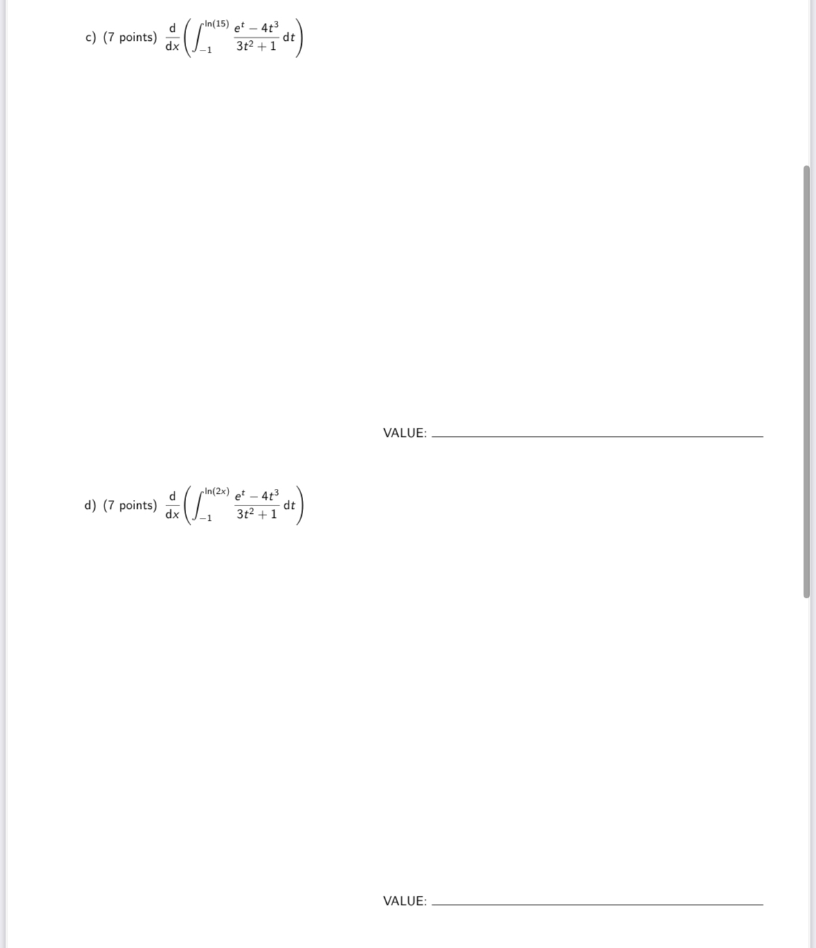 c ) points ) d d x ( - 1 l n ( 1 5 ) e t - 4 t 3