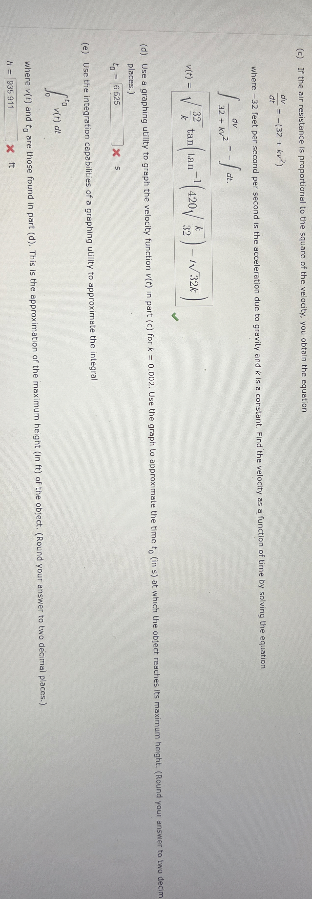 ( c ) If the air resistance is proportional to