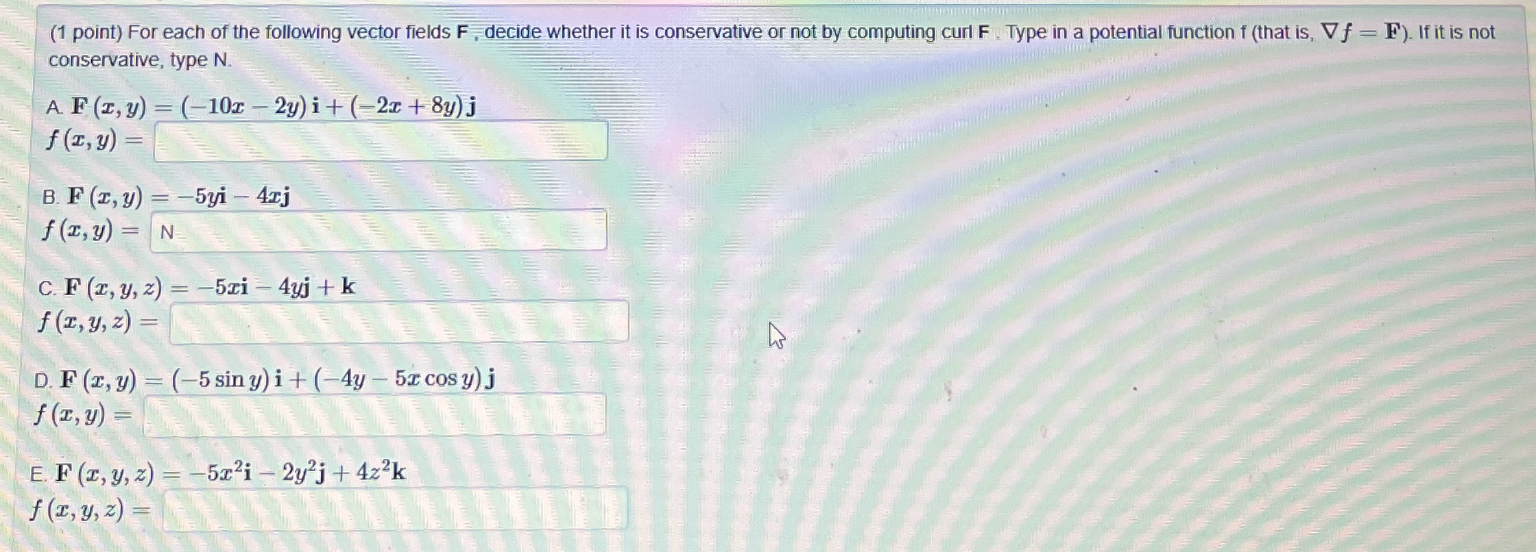 ( 1 point ) For each of the following vector