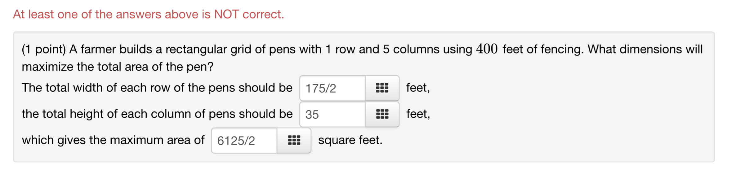 A farmer builds a rectangular grid of pens with 1