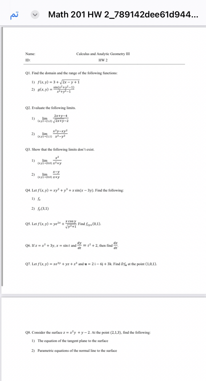 Name: Calculus and Analytic Geometry III ID: HW 2
