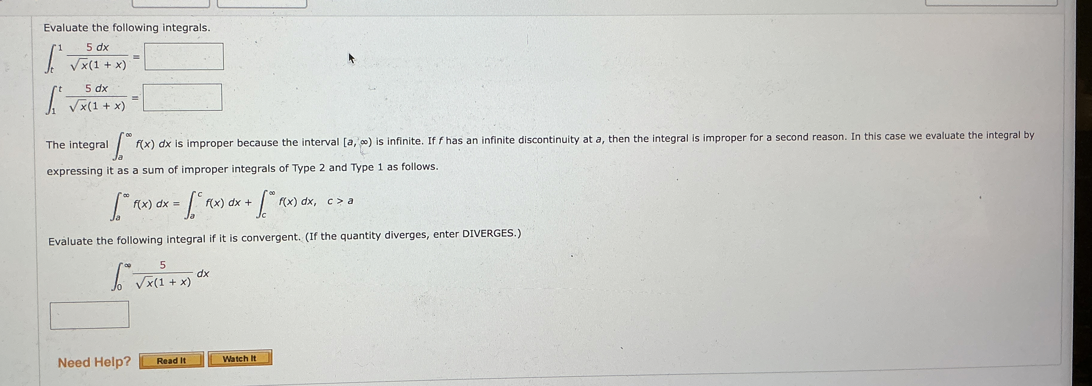 Evaluate the following integrals. t 1 5 d x x 2 (