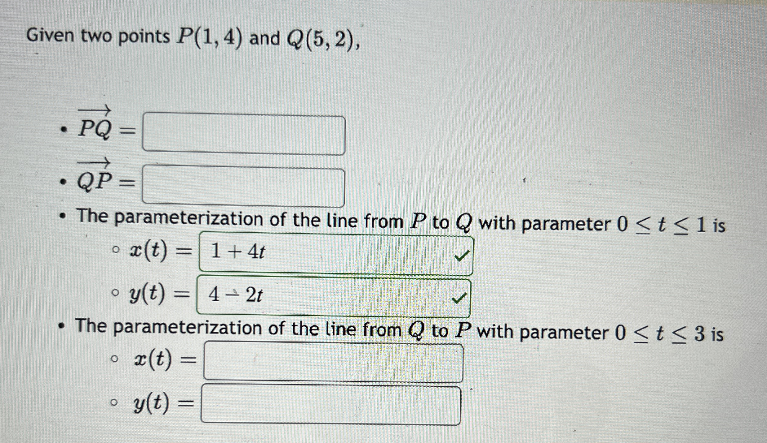 Given two points P ( 1 , 4 ) and Q ( 5 , 2 ) ,