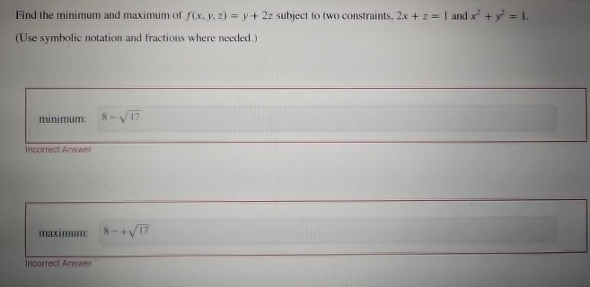 Find the minimum and maximum of f ( x , y , z ) =