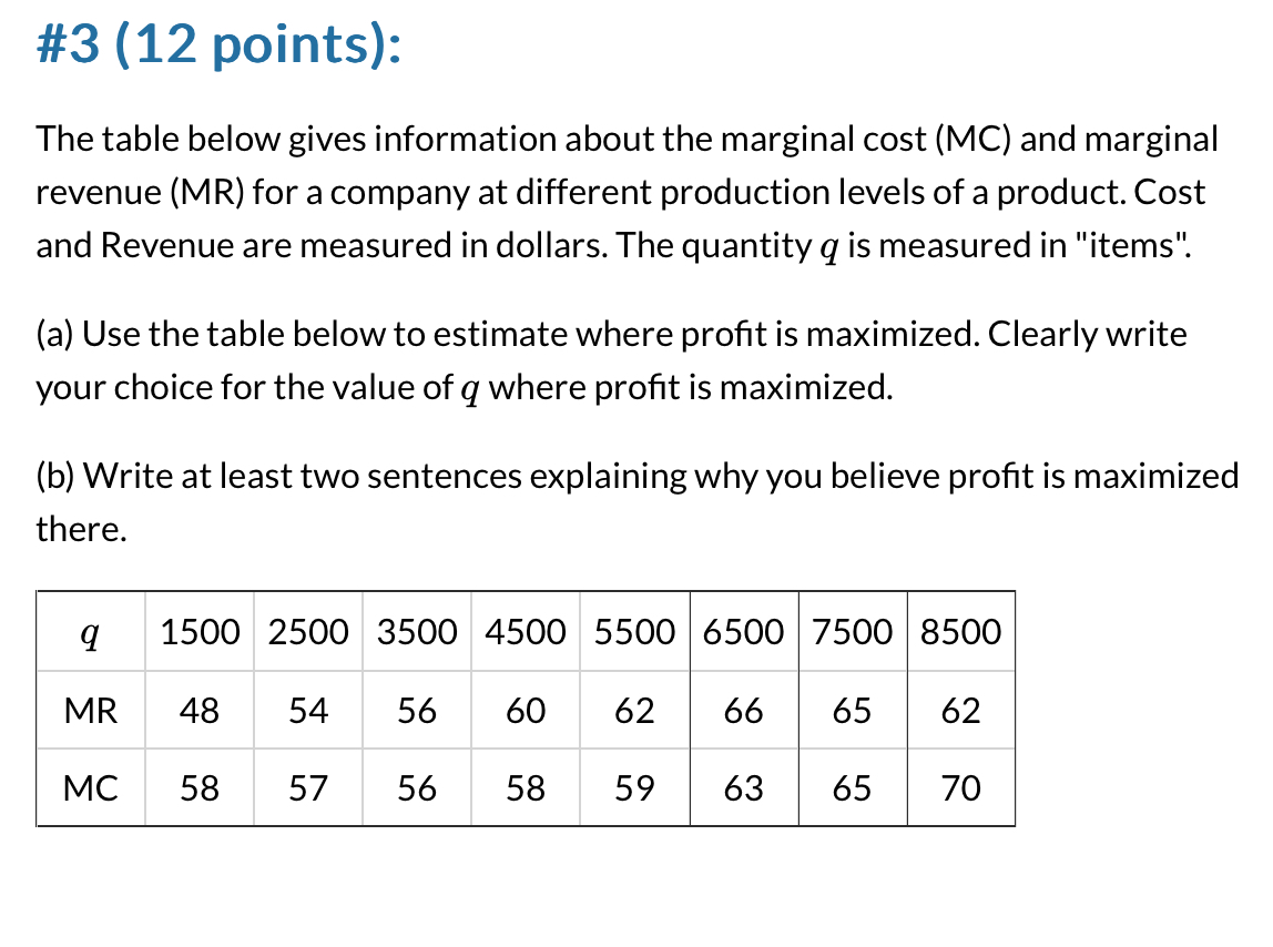 \ # 3 ( 1 2 points ) : The table below gives