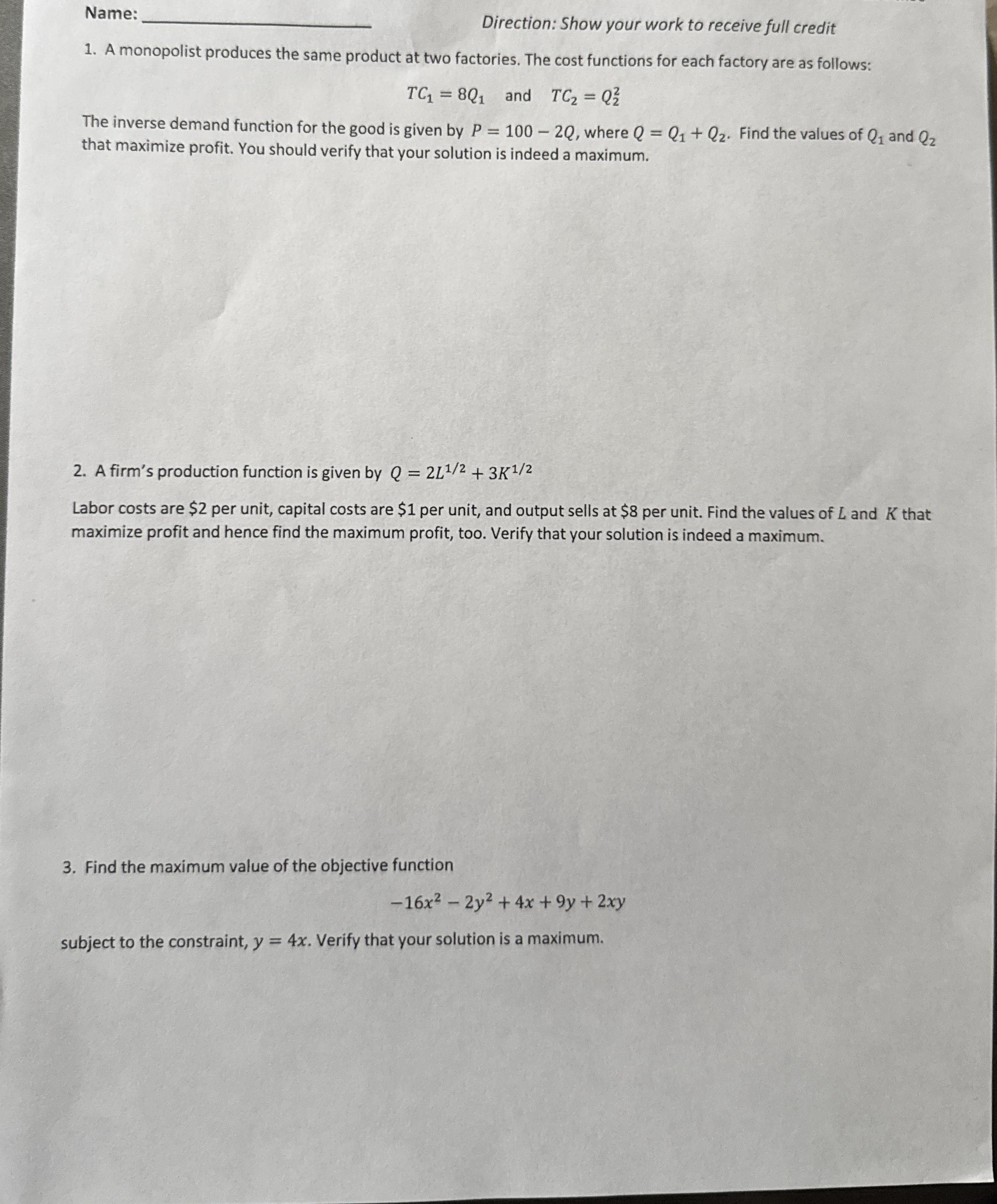 Name Direction: Show your work to receive full