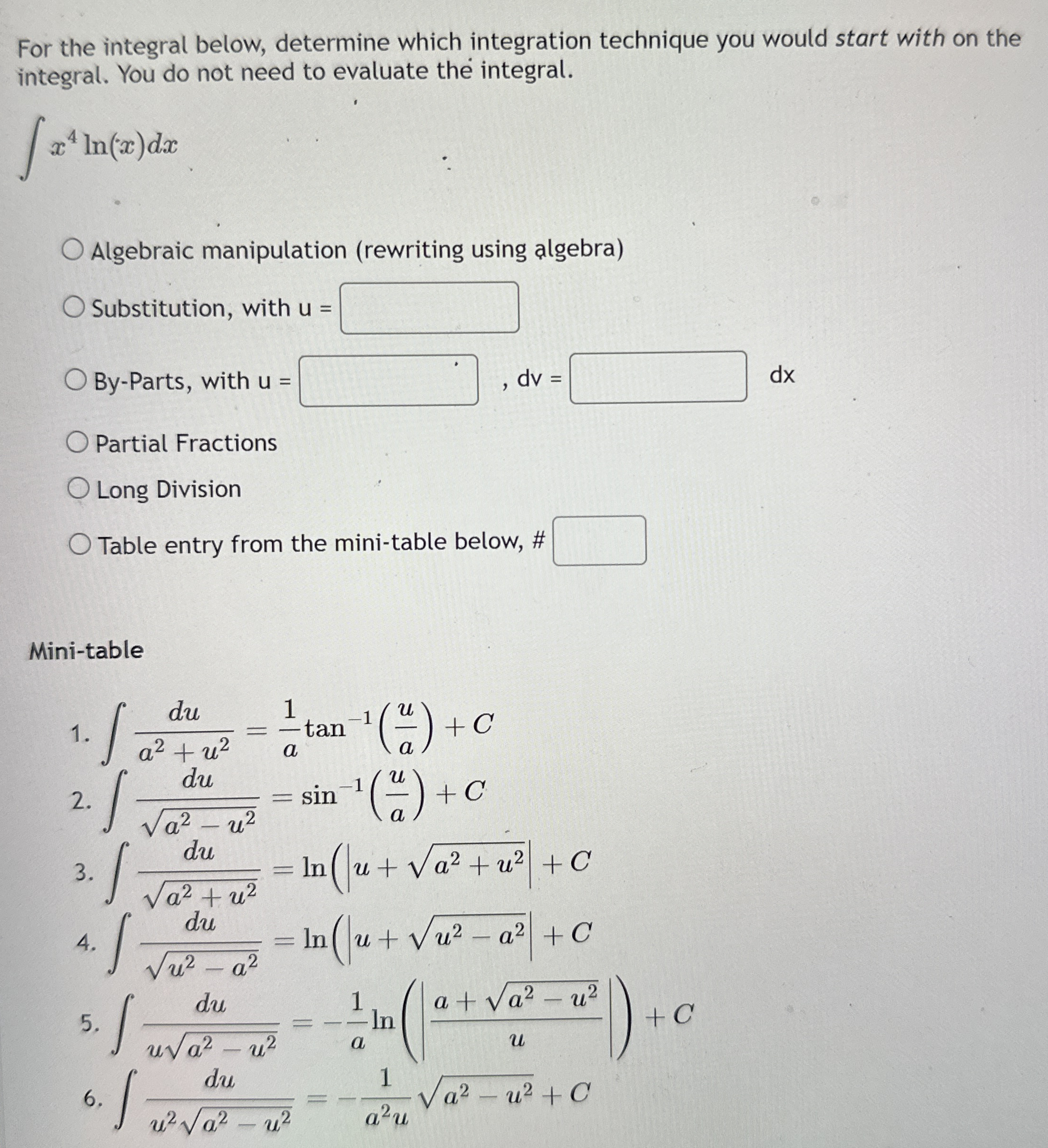 For the integral below, determine which