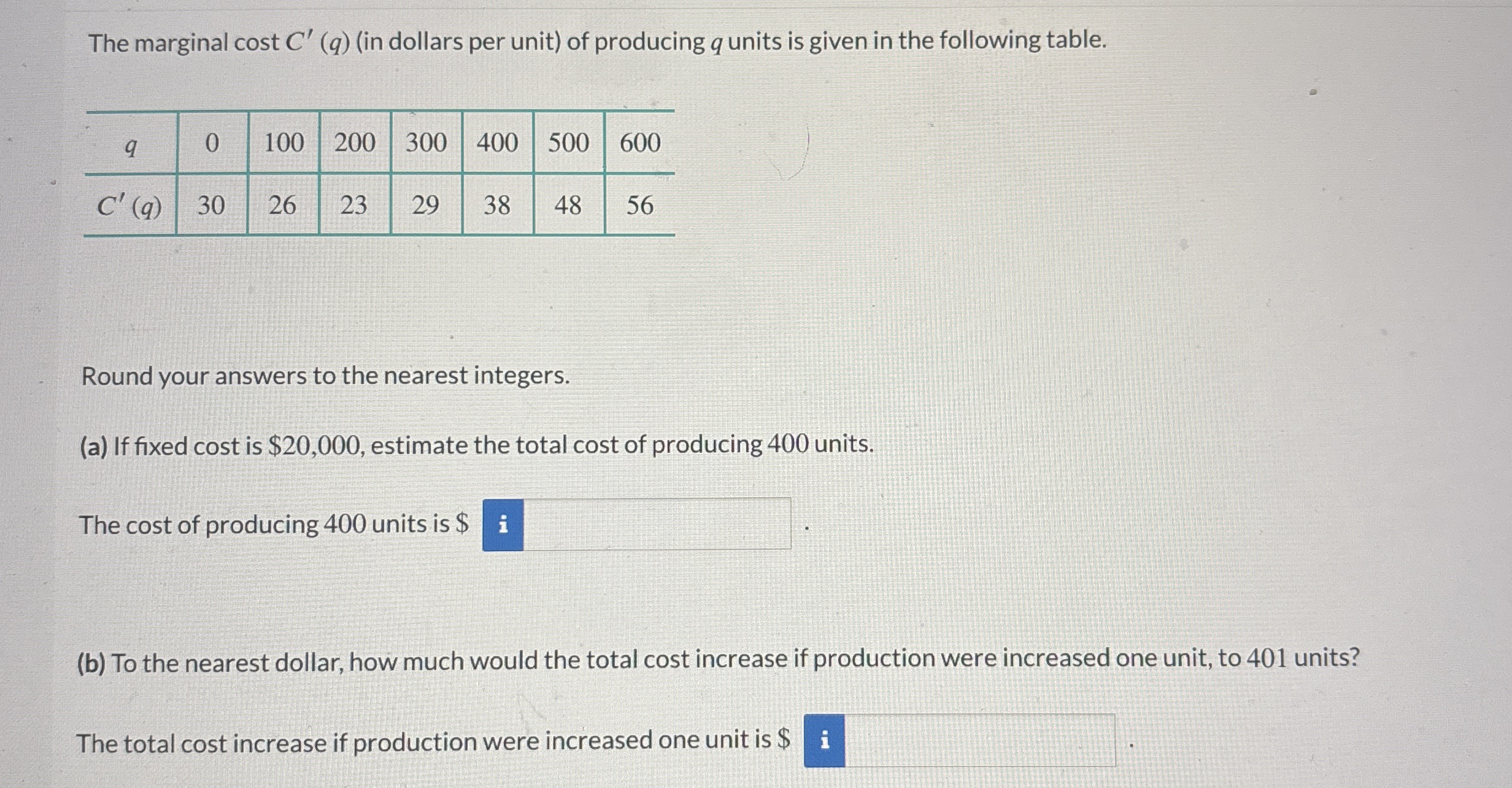 The marginal c o s t C ' ( q ) ( in dollars per