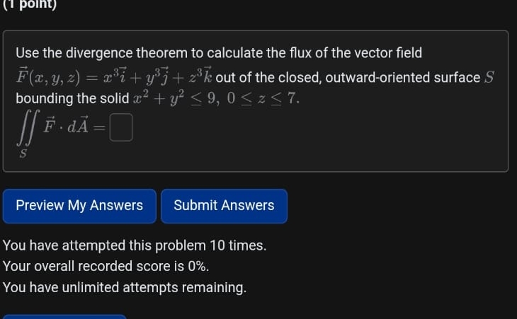 ( 1 point ) Use the divergence theorem to