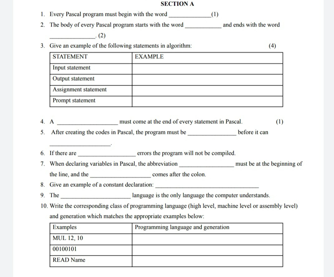SECTION A Every Pascal program must begin with