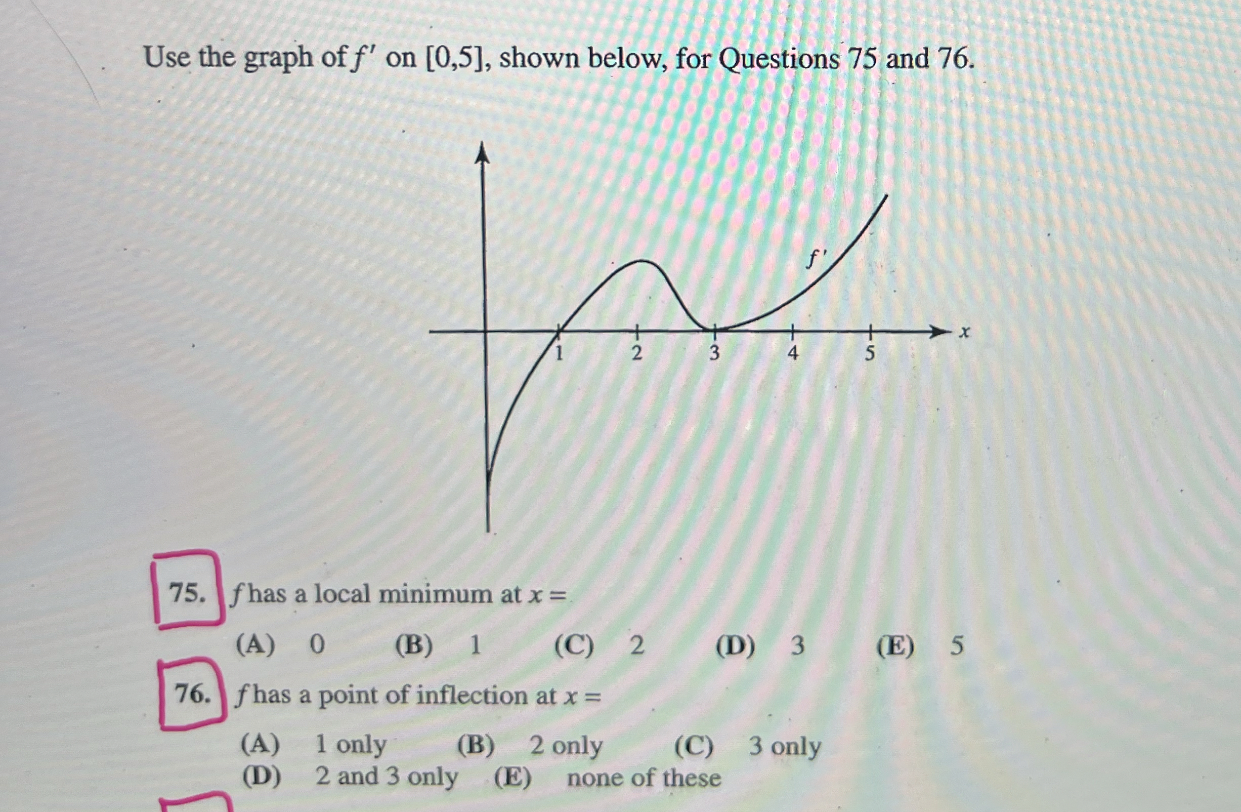 Use the graph of f ' on 0 , 5 , shown below, for