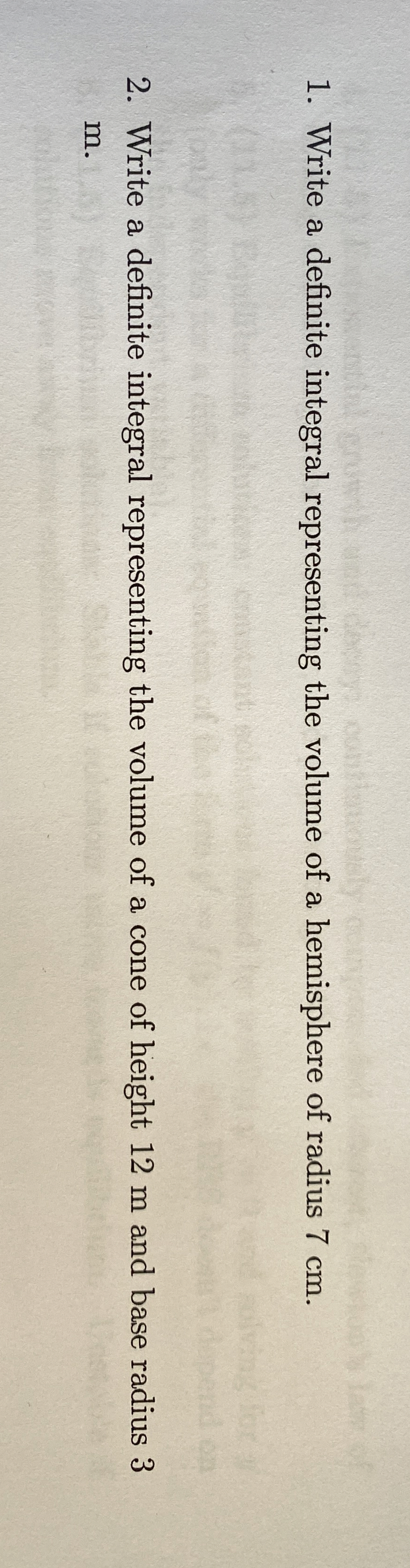 Write a definite integral representing the volume
