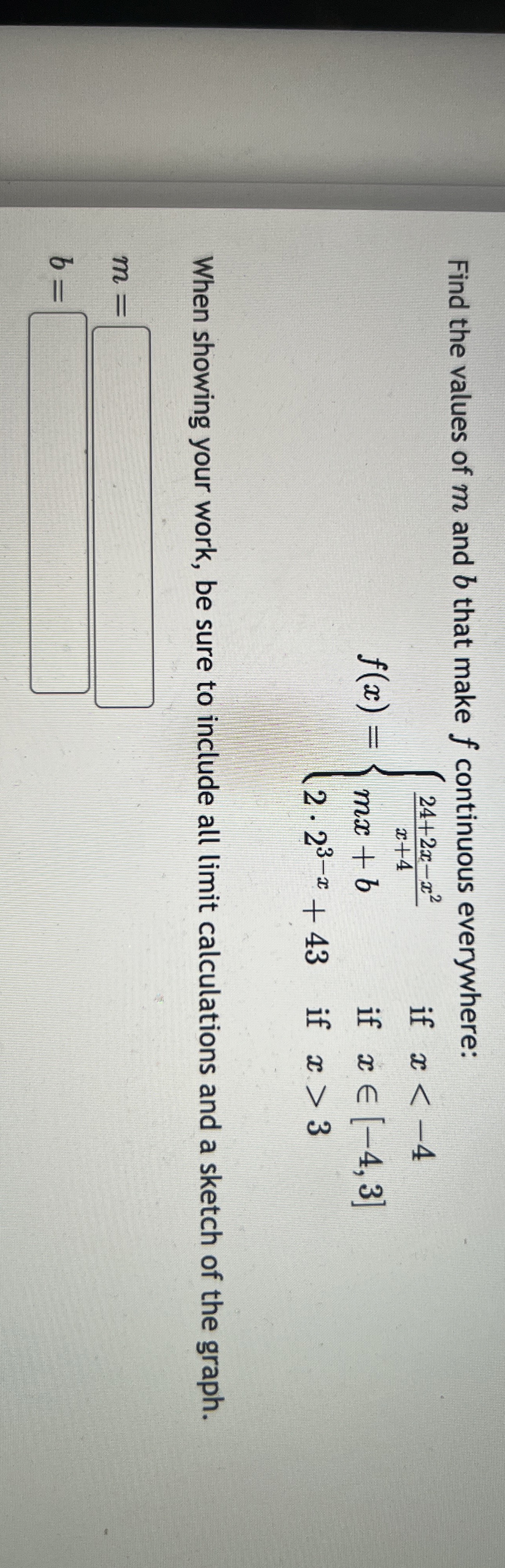 Find the values of m and b that make f continuous