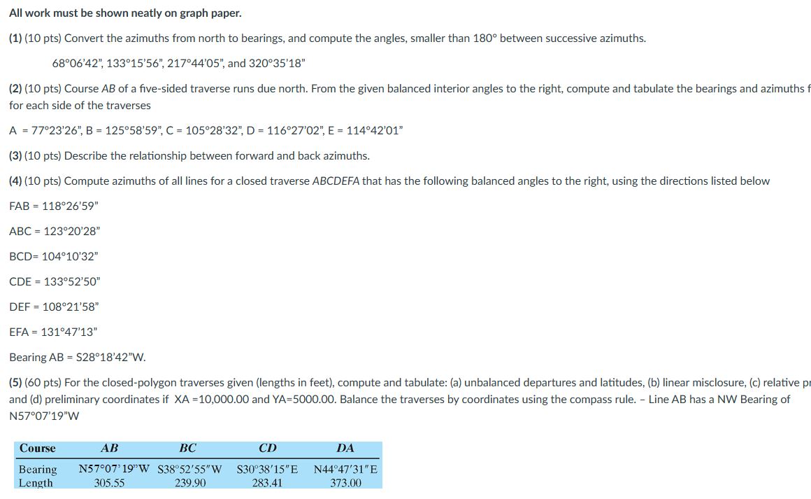 ( 1 ) ( 1 0 pts ) Convert the azimuths from north