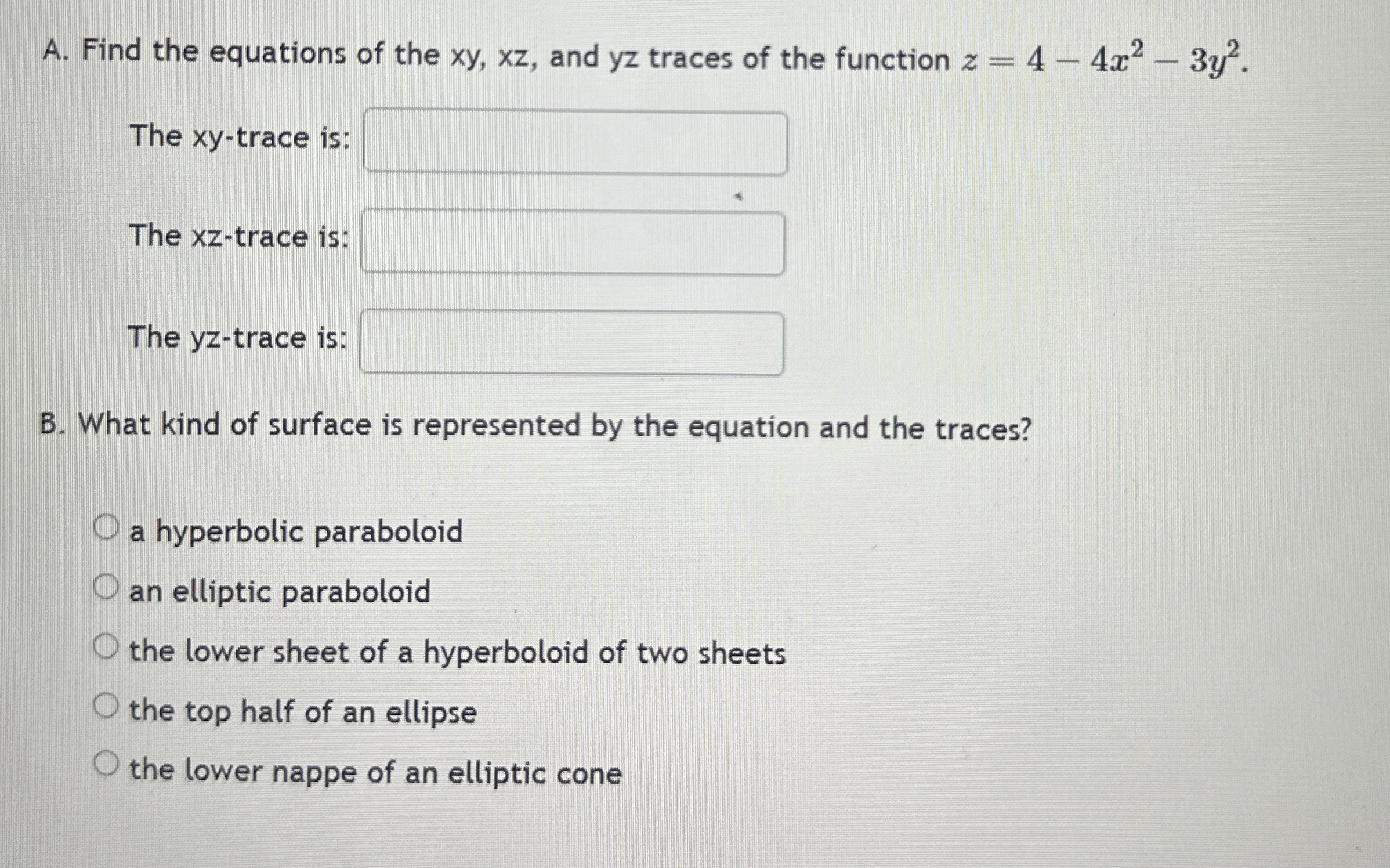 A . Find the equations of the x y , x z , and y z