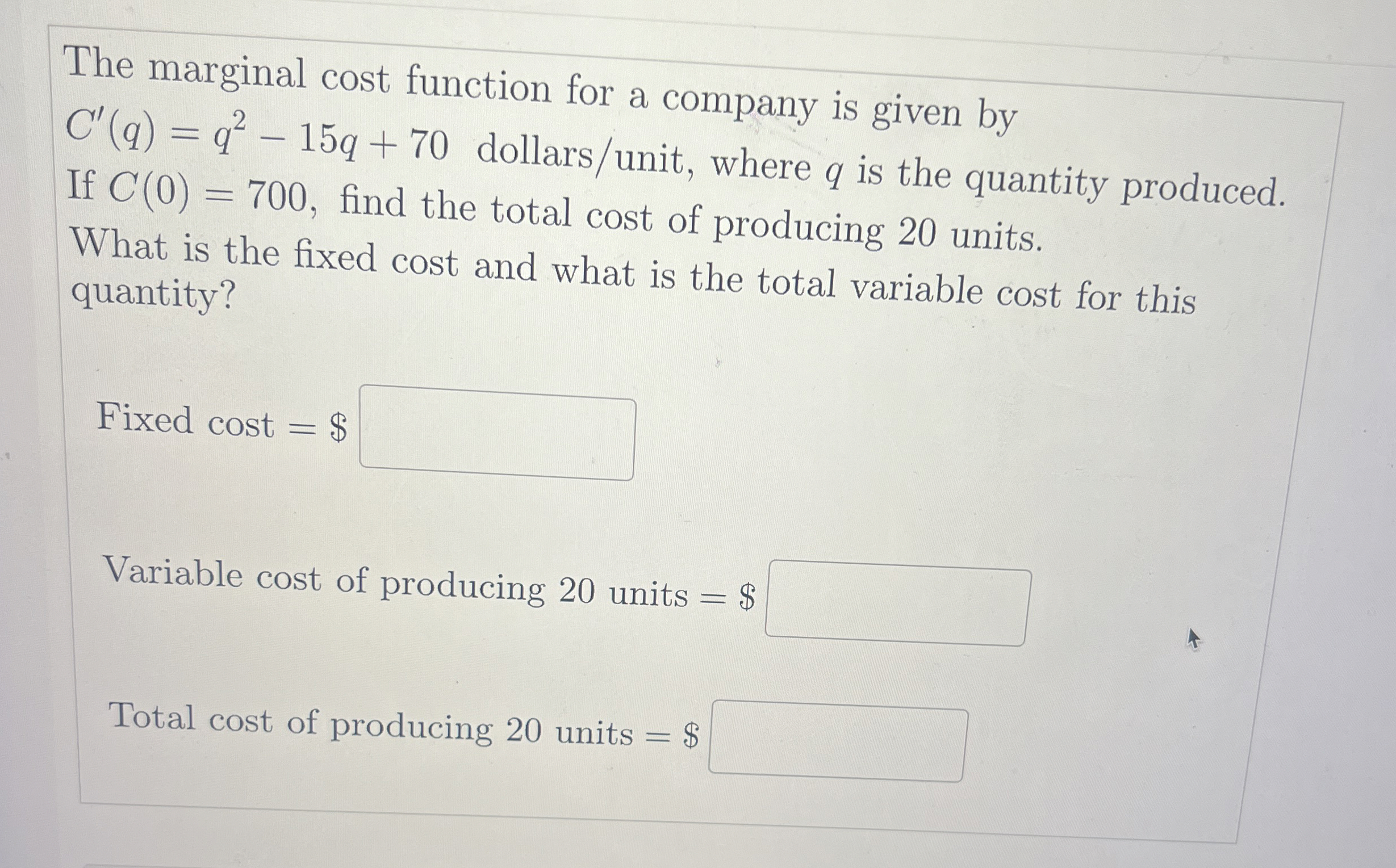 The marginal cost function for a company is given