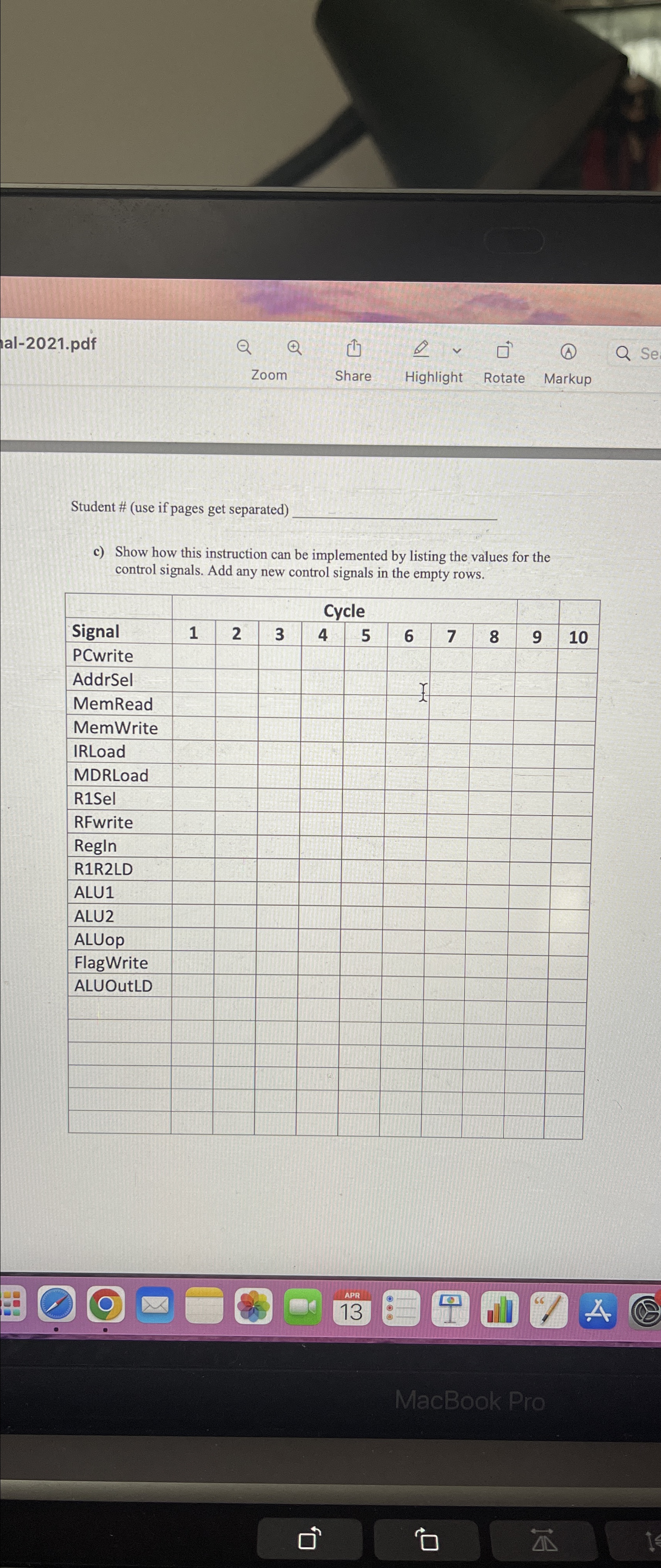 Student # ( use if pages get separated ) Question
