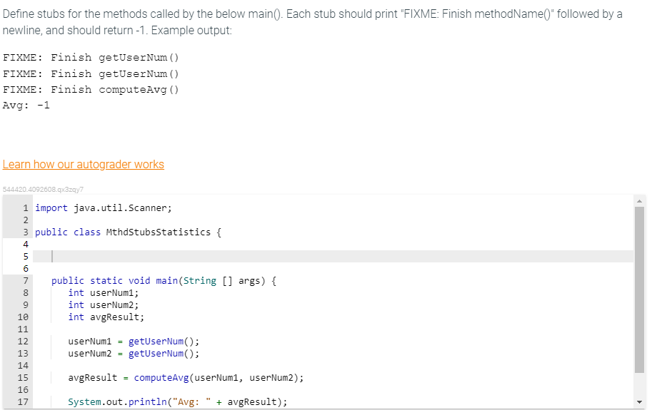 Need Help with this java problem. Define stubs