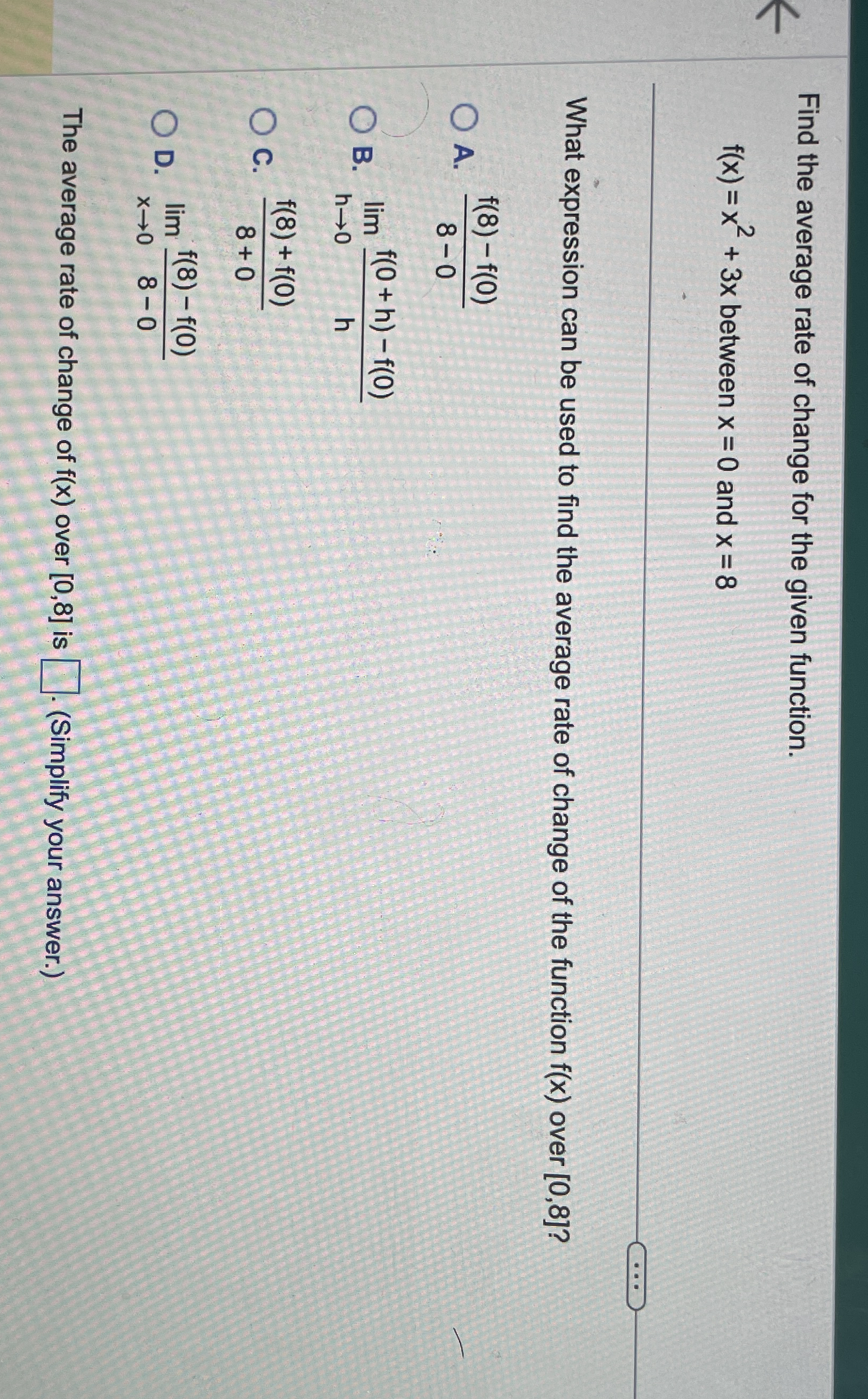 Find the average rate of change for the given