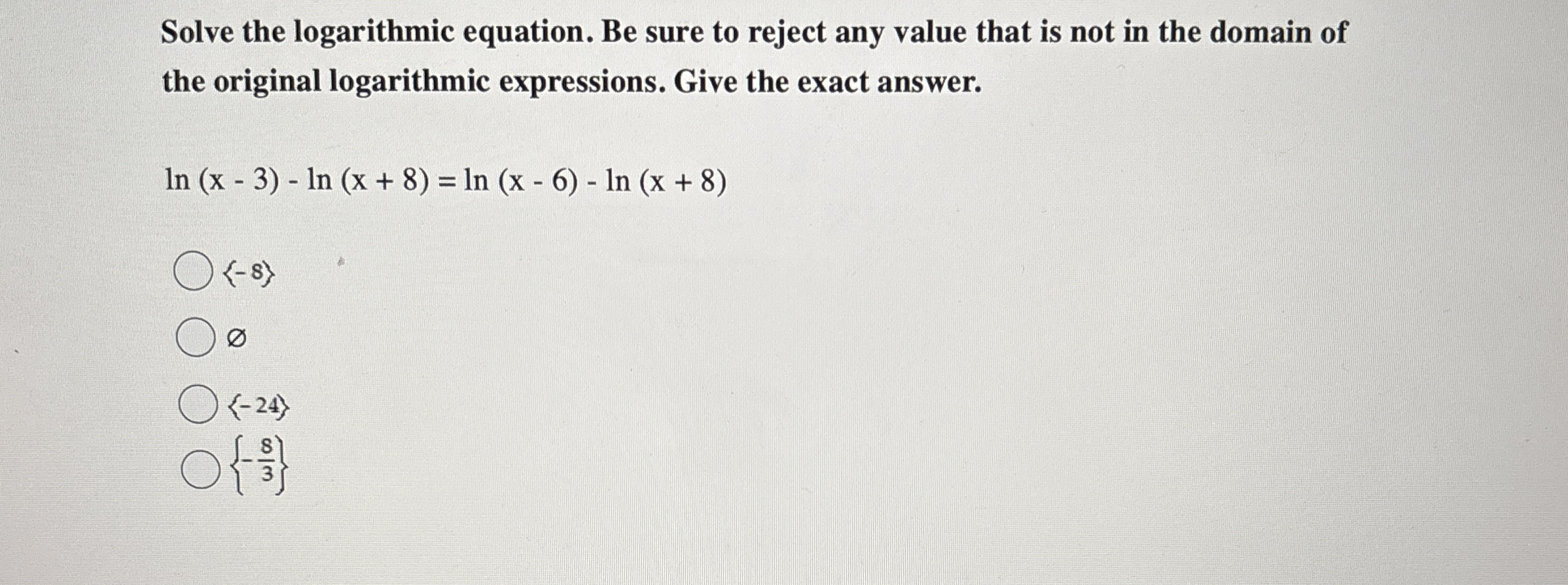 Solve the logarithmic equation. Be sure to reject