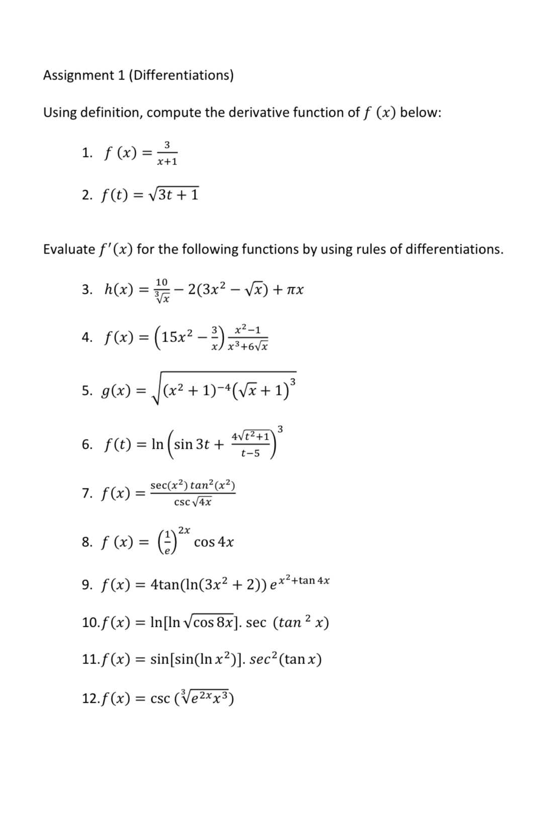 Assignment 1 ( Differentiations ) Using