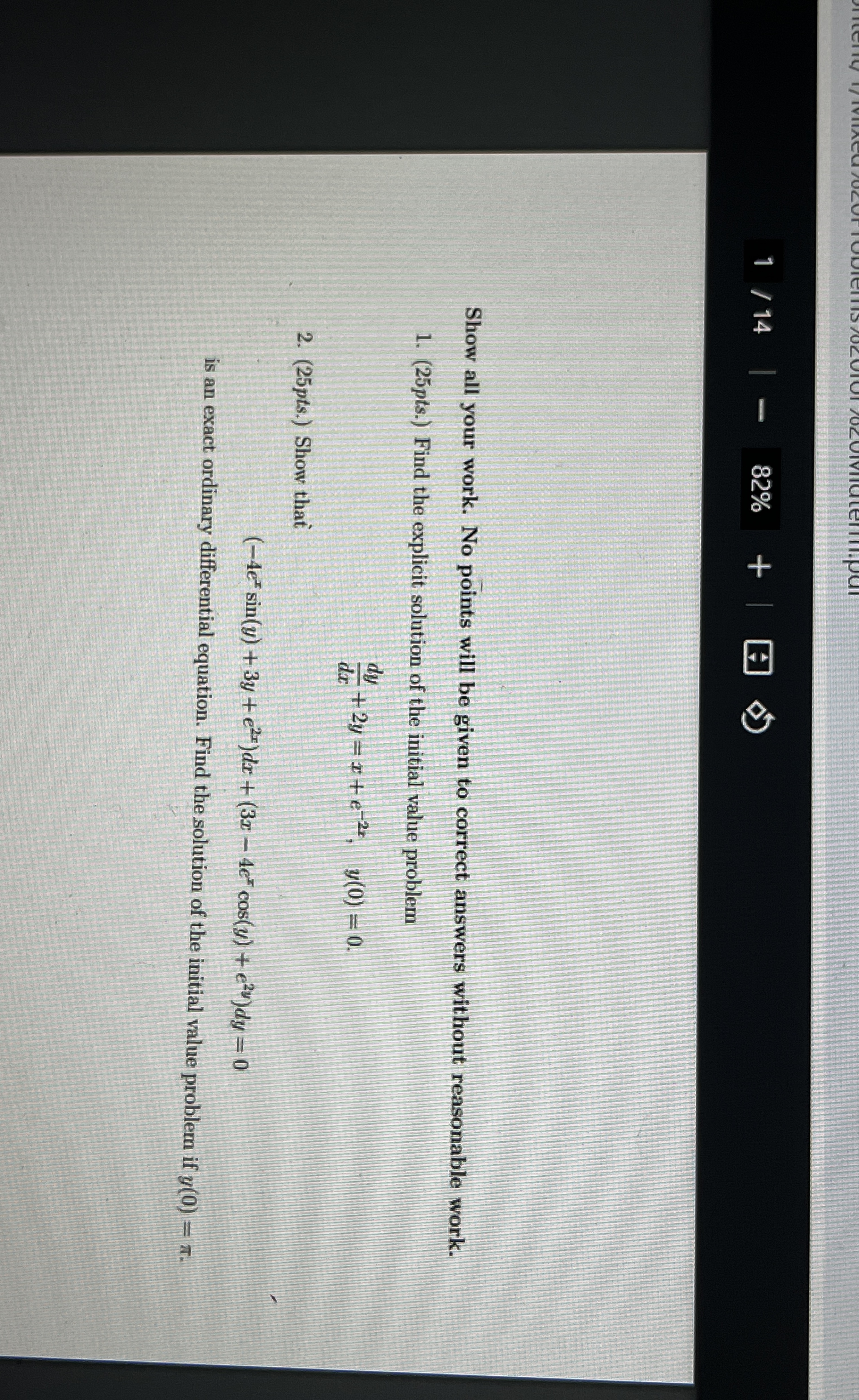 Show all your work. No points will be given to