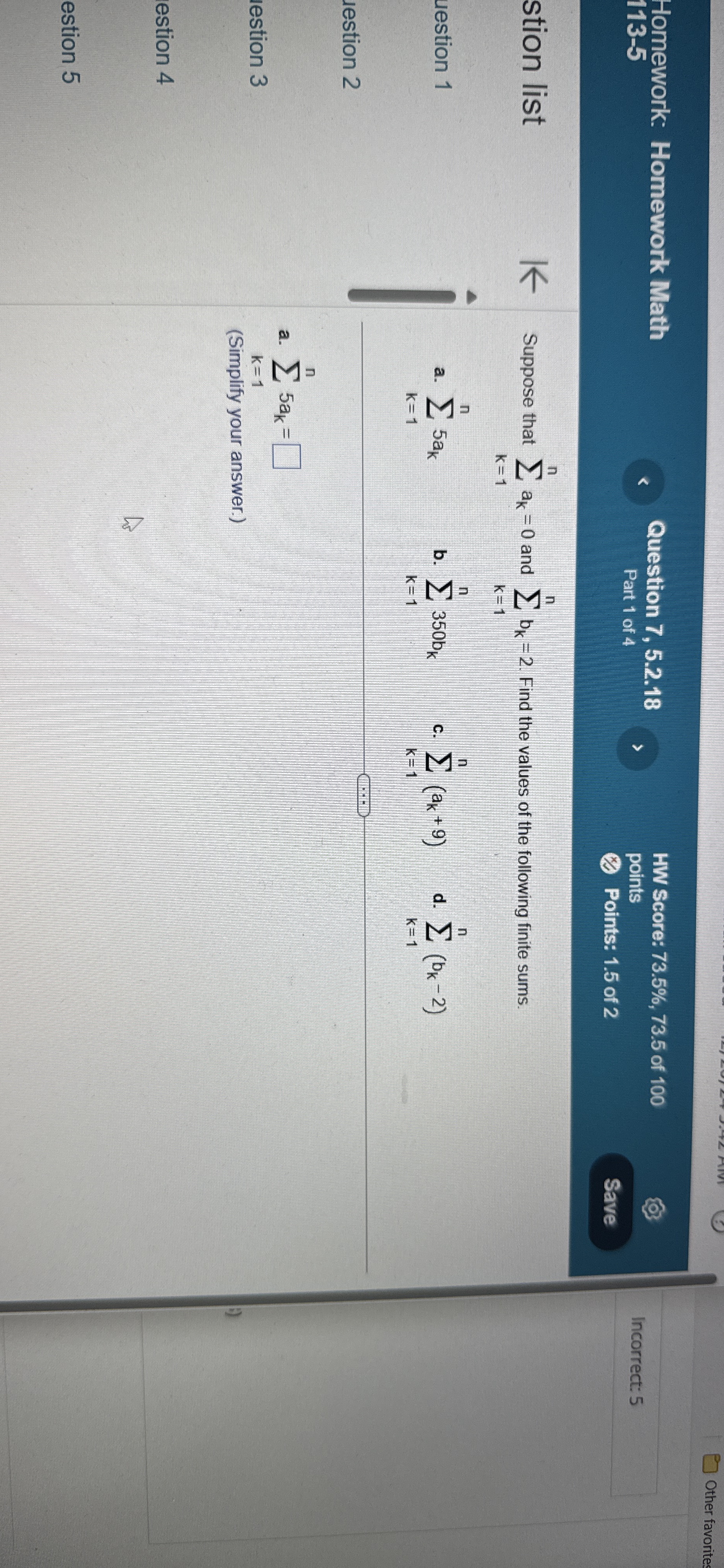 Homework: Homework Math Question 7 , 5 . 2 . 1 8