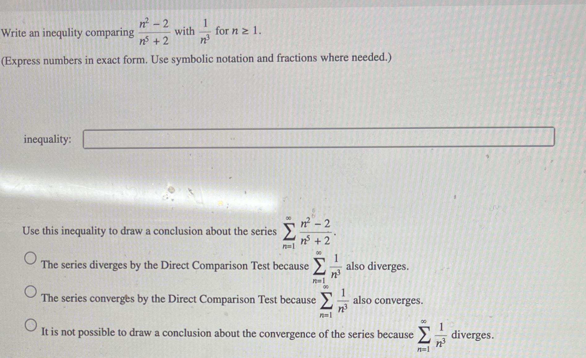 Write an inequlity comparing n 2 - 2 n 5 + 2 with