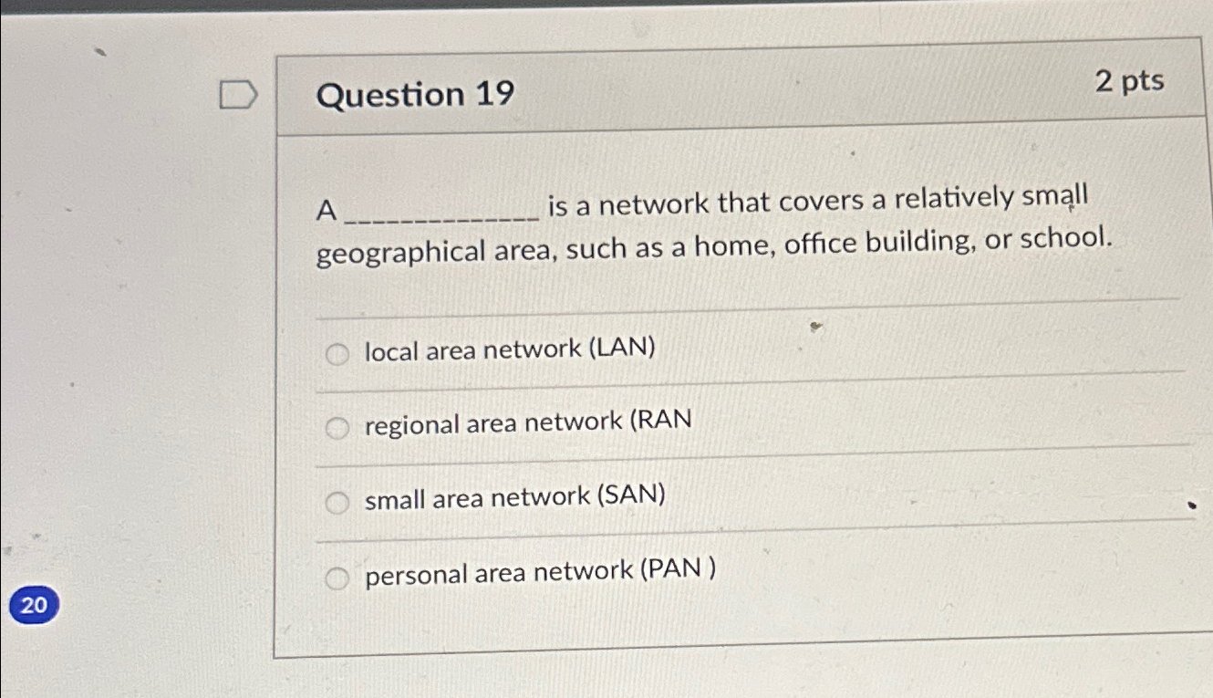 Question 1 9 2 pts A is a network that covers a