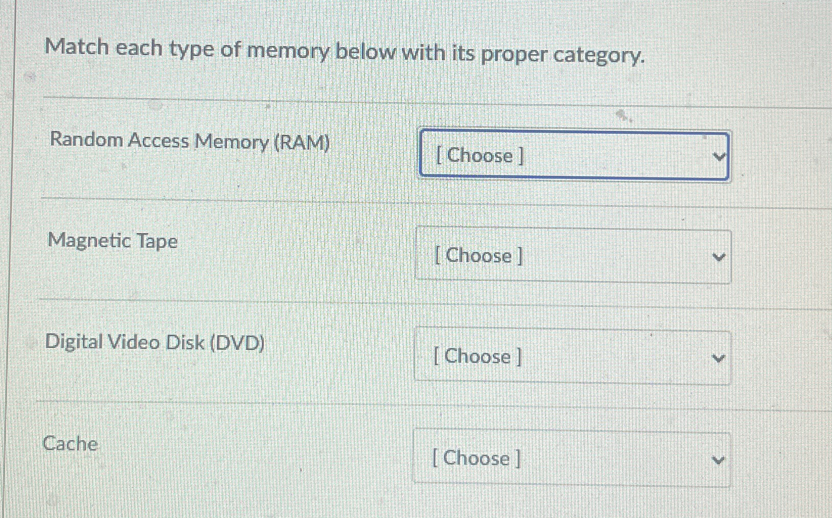 Match each type of memory below with its proper