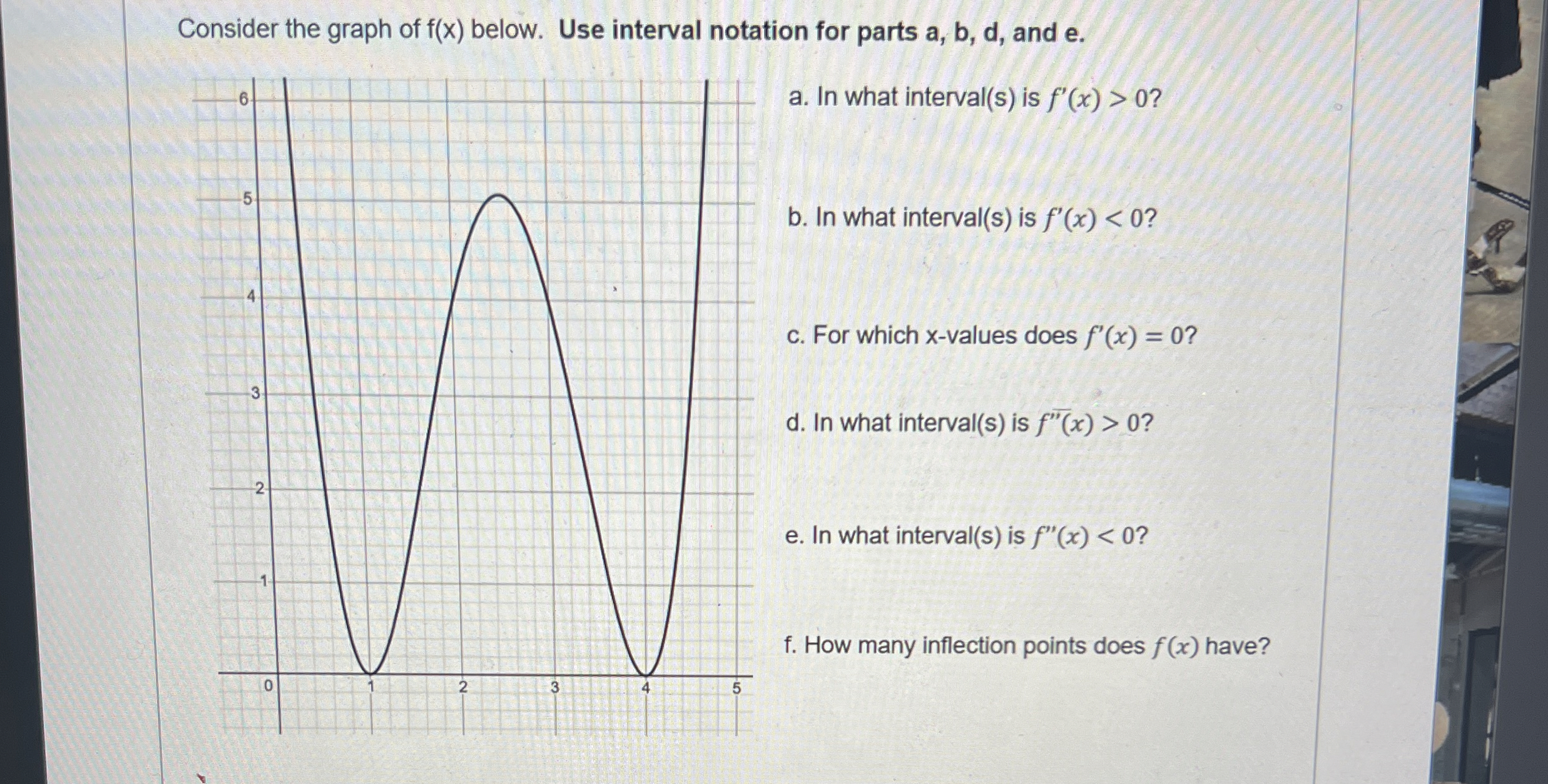 Consider the graph of f ( x ) below. Use interval