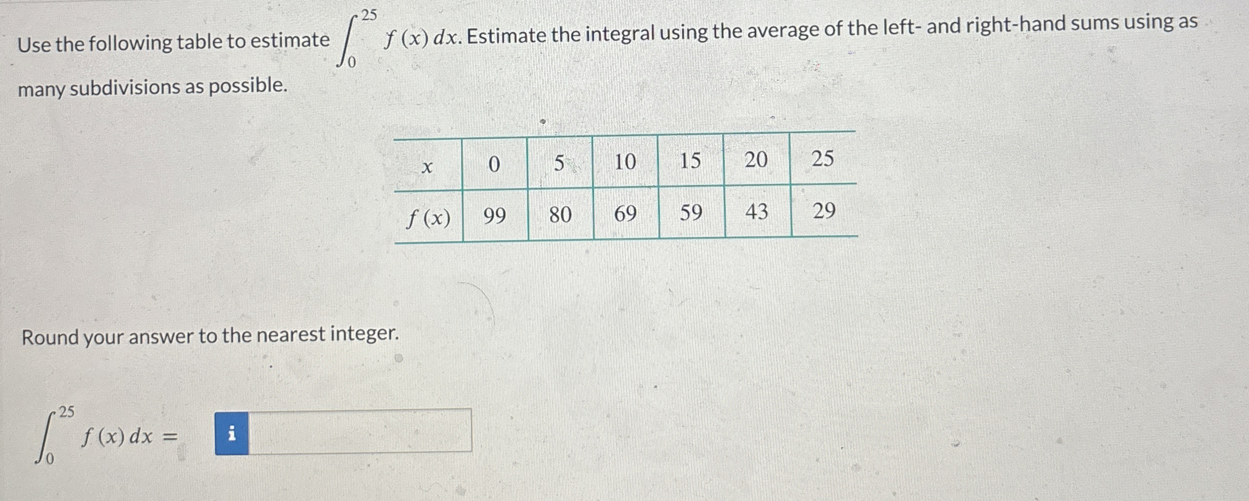 Use the following table to estimate 0 2 5 f ( x )