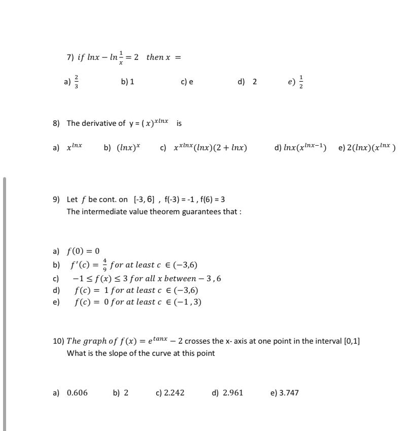 if l n x - l n ( 1 x ) = 2 then x = a ) 2 3 b ) 1