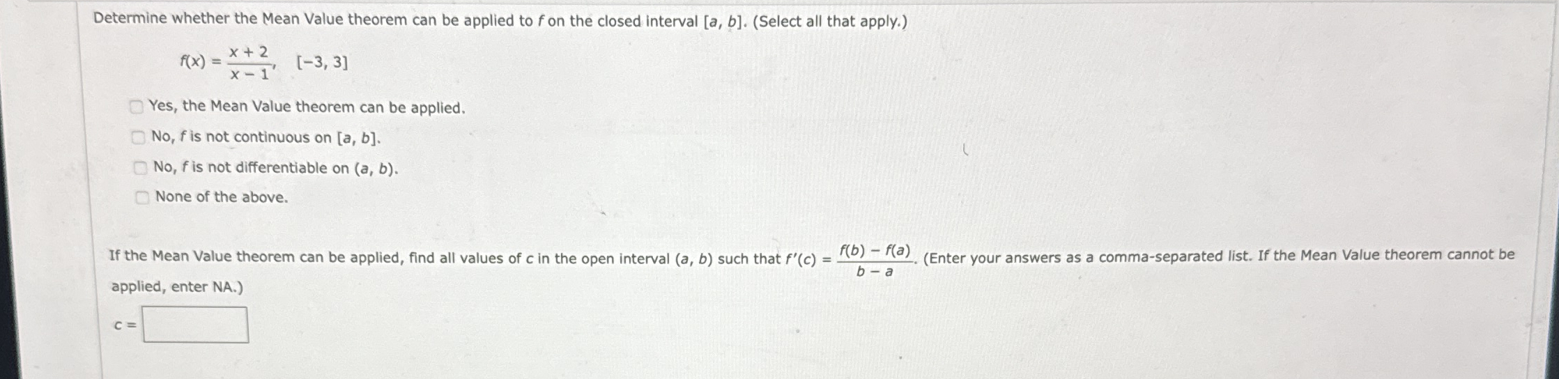Determine whether the Mean Value theorem can be