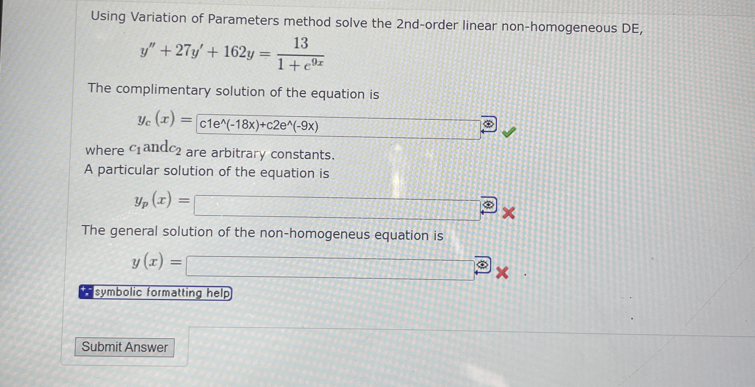 Using Variation of Parameters method solve the 2