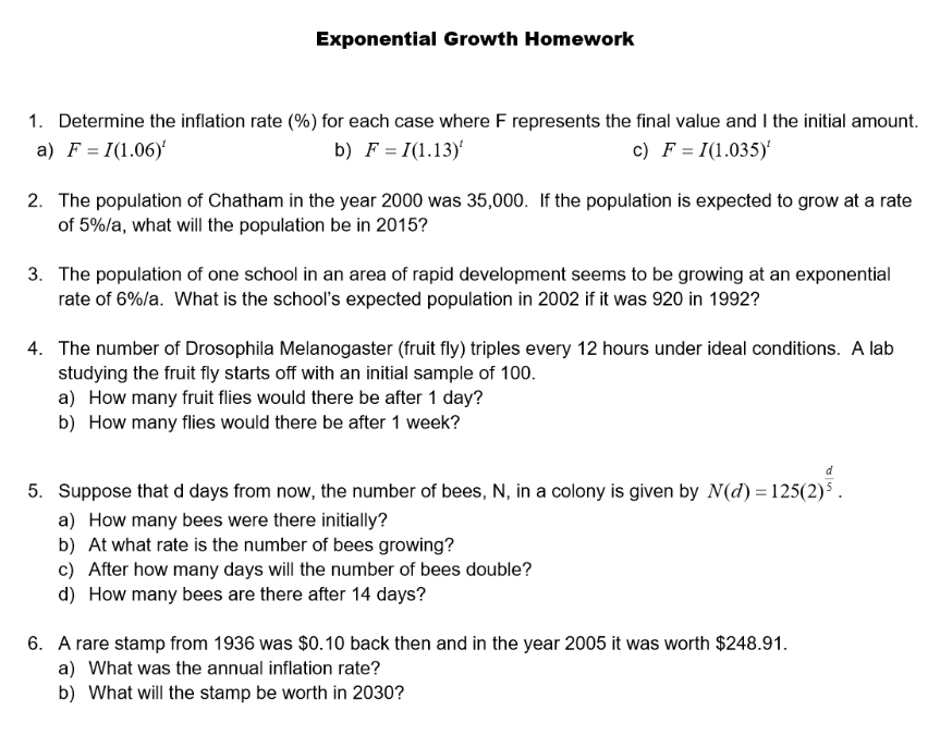 Exponential Growth Homework Determine the