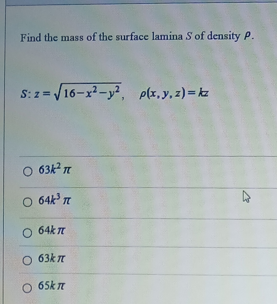 Find the mass of the surface lamina S of density