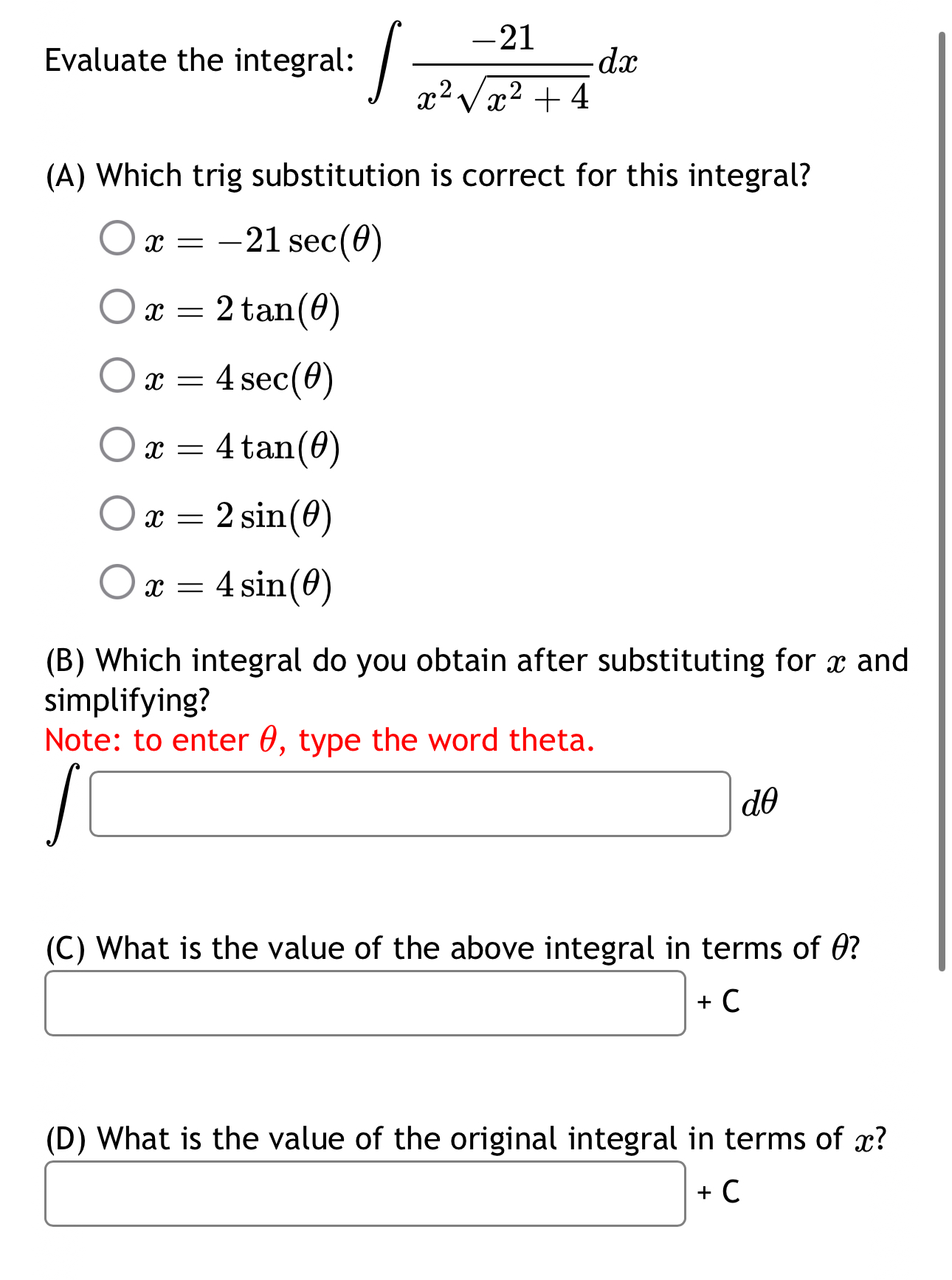 Evaluate the integral: - 2 1 x 2 x 2 + 4 2 d x (