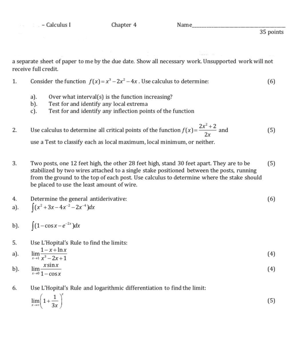 Calculus I Chapter 4 Nan 3 5 points a separate