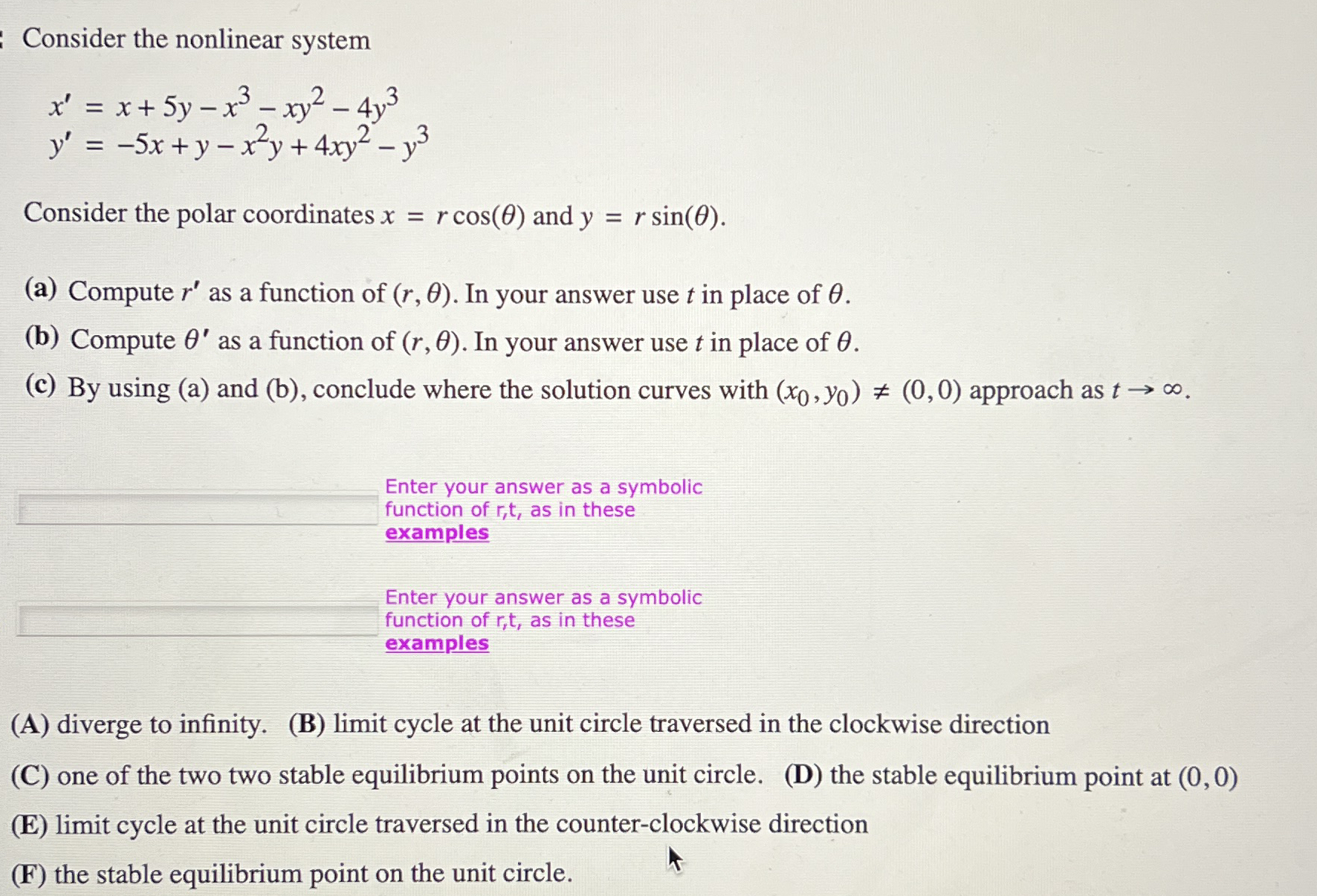 Consider the nonlinear system x ' = x + 5 y - x 3