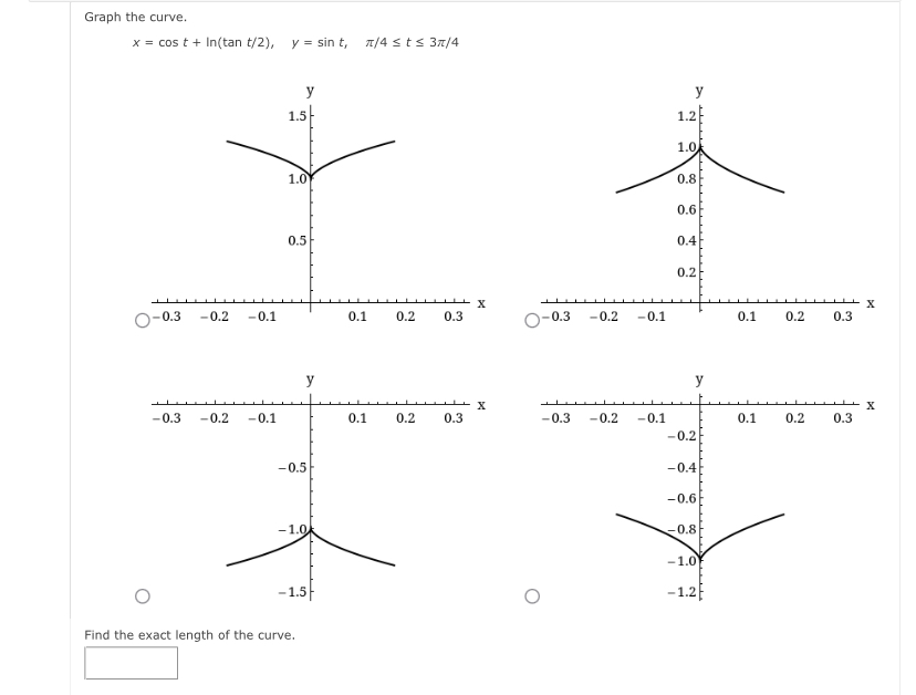Graph the curve. x = c o s t + l n ( t a n t 2 )