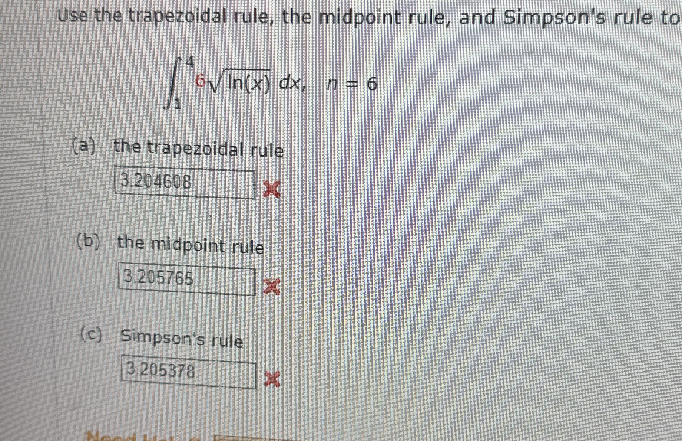 Use the trapezoidal rule, the midpoint rule, and