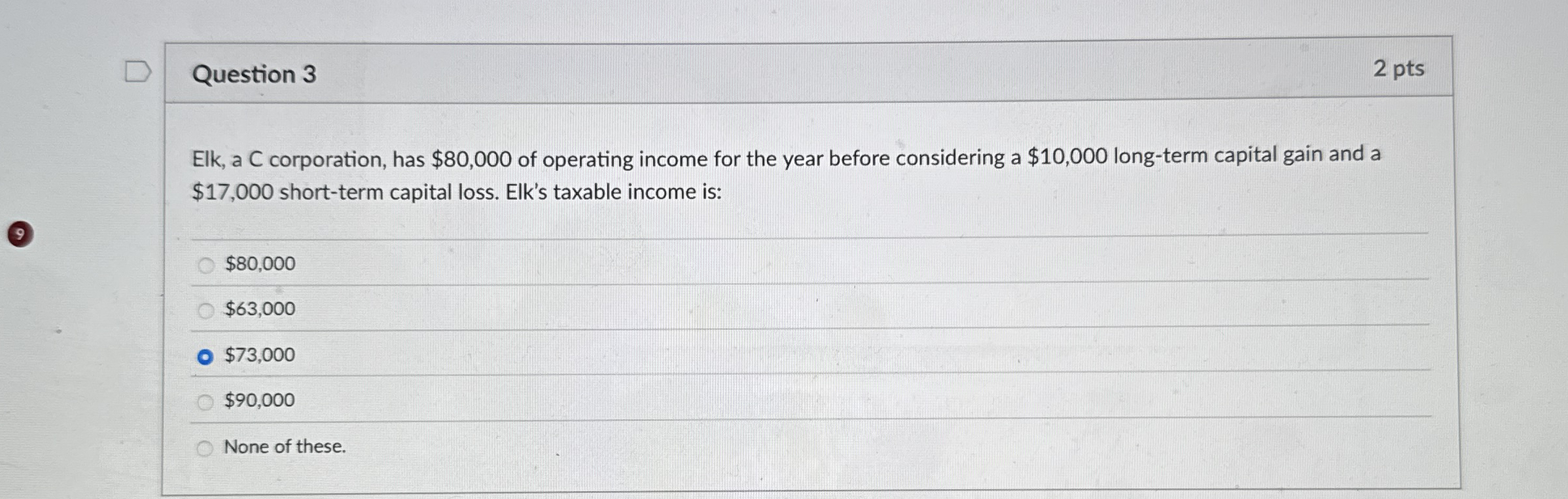 Question 3 2 pts Elk, a C corporation, has $ 8 0
