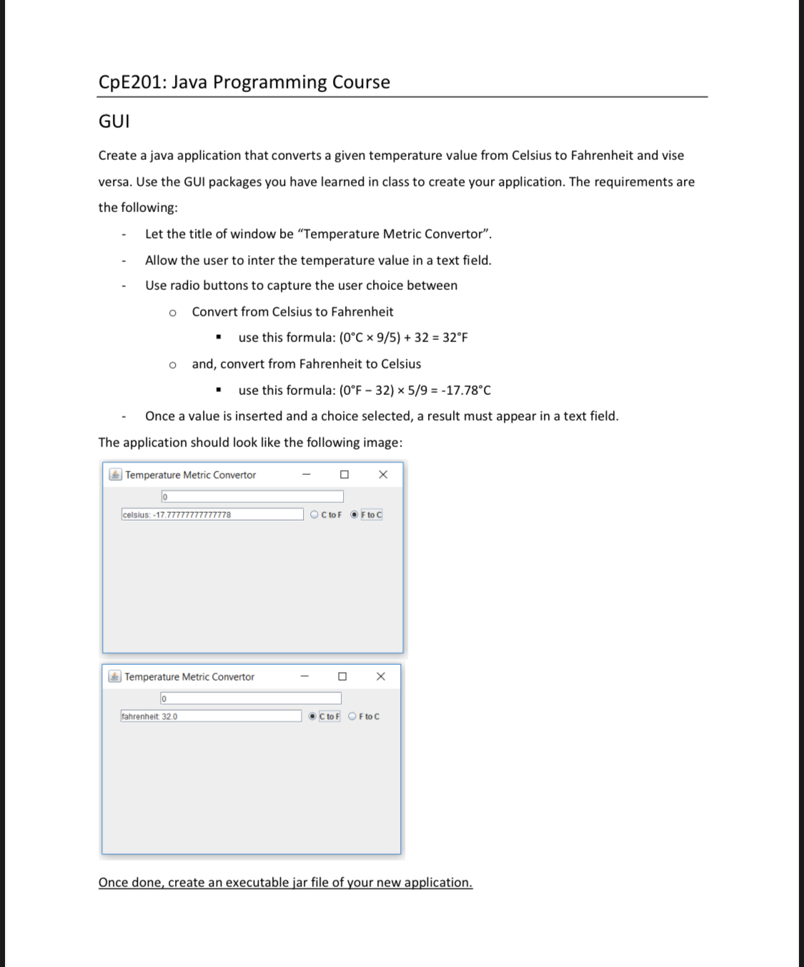 CpE 2 0 1 : Java Programming Course GUI Create a
