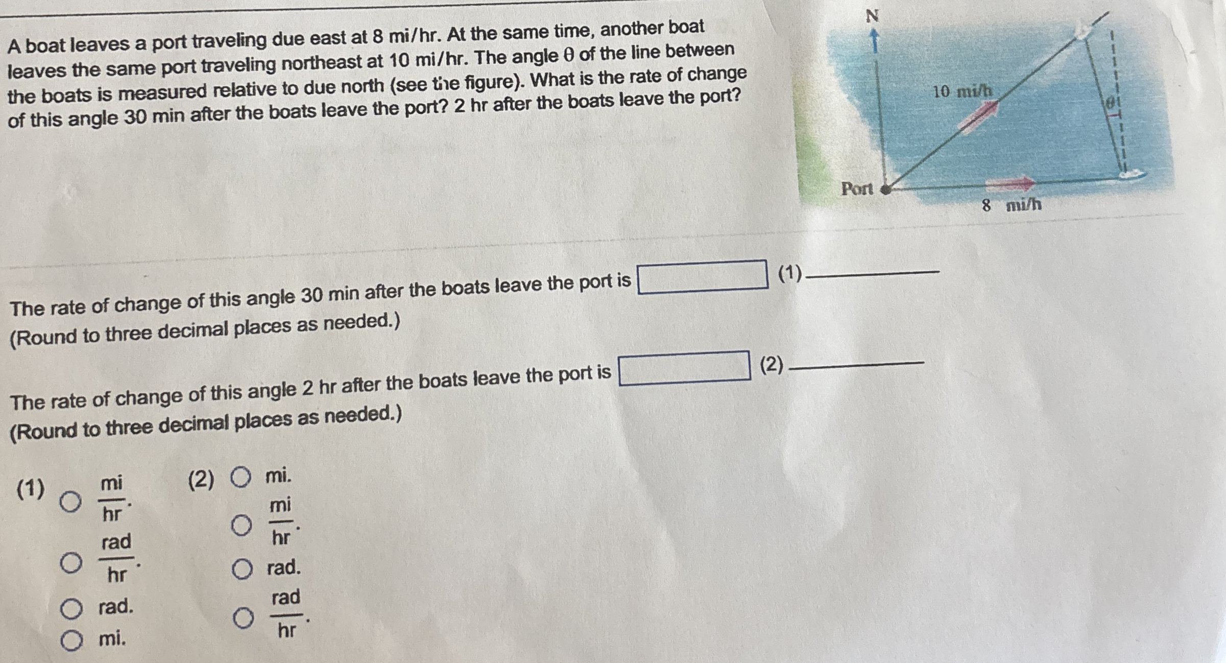 A boat leaves a port traveling due east at 8 m i