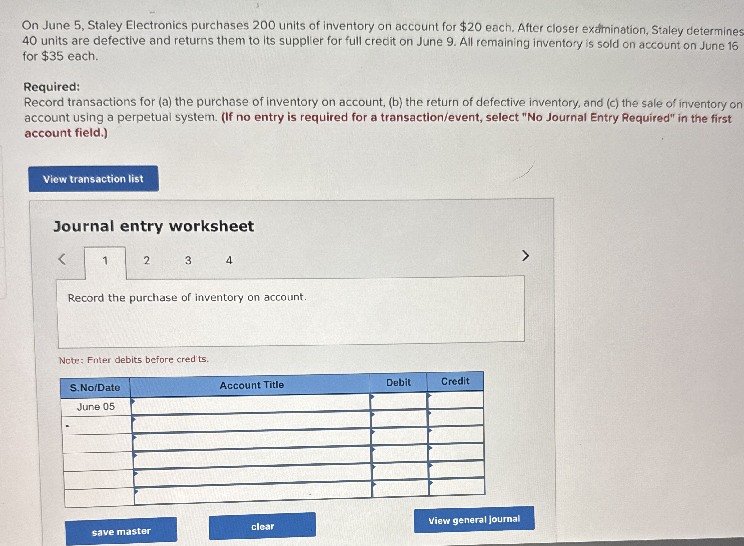 On June 5 , Staley Electronics purchases 2 0 0